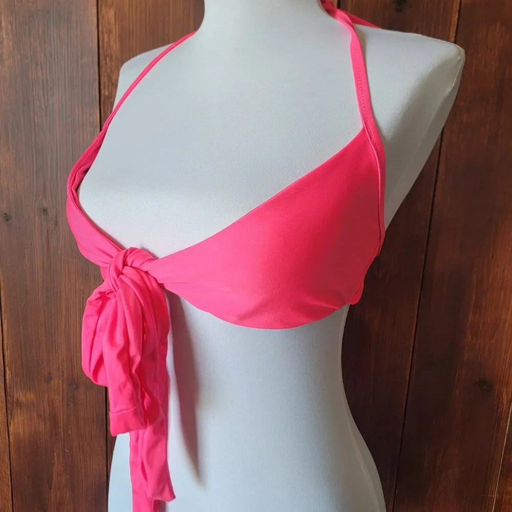 Aerie Scoop Bikini *TOP‎ ONLY* S|P Hot Pink Tie Front Halter Top Tie Two Ways